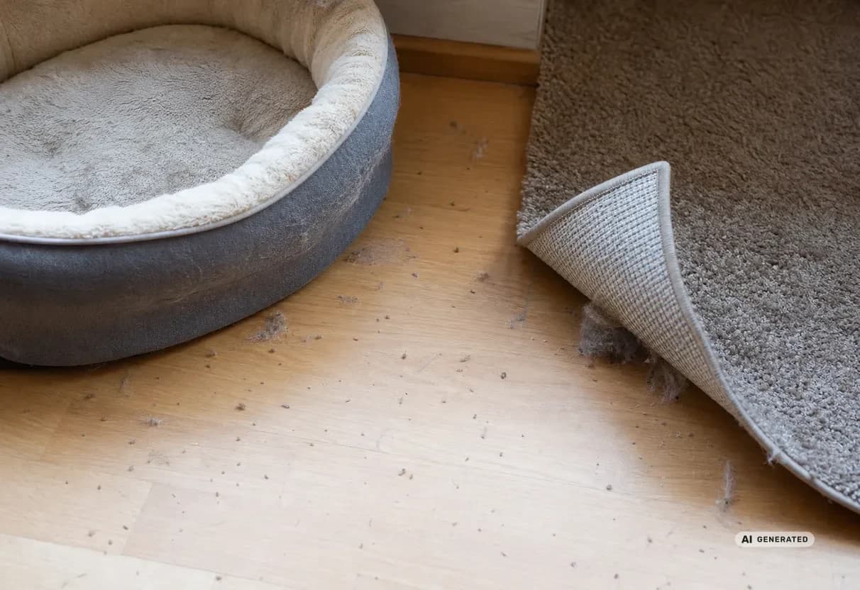 KI-generiertes Bild: Tierbett und Teppichkante in einem Wohnzimmer, Verstecke für Floheier und Larven