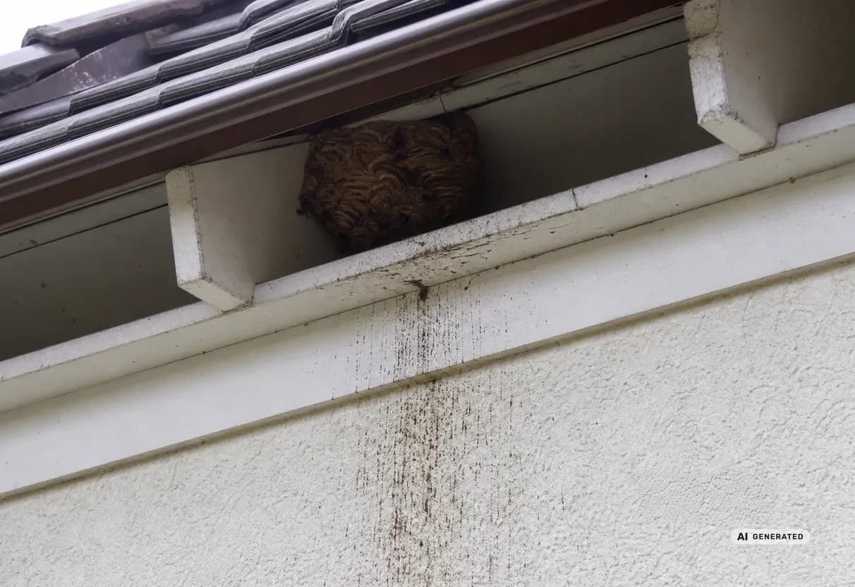 KI-generiertes Bild: Hornissennest in einer Dachnische mit Kotspuren an der Fassade darunter