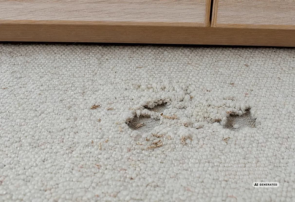 KI-generiertes Bild: Löcher in einem Wollteppich und Larvenhäute darunter