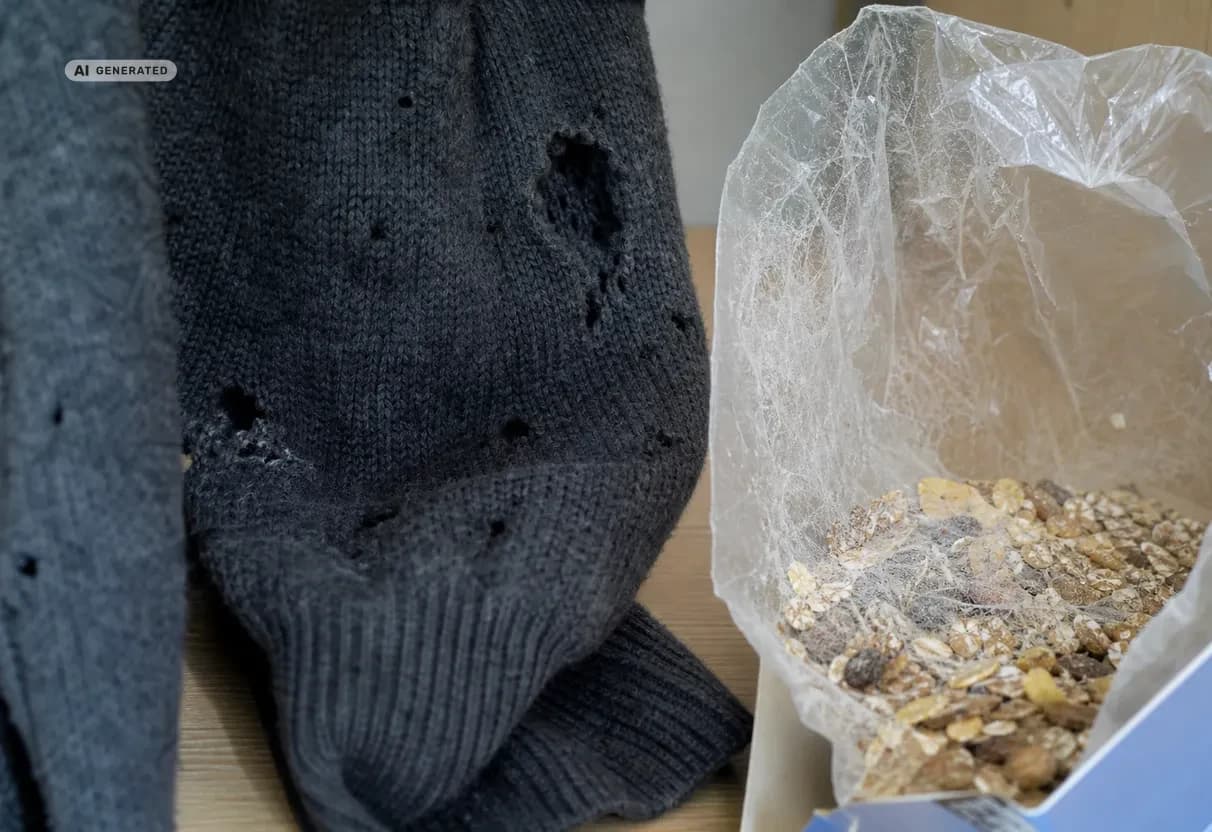 KI-generiertes Bild: Fraßlöcher in einem Wollpullover und Gespinste in einer Müslipackung