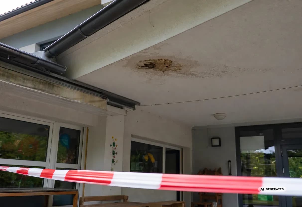 KI-generiertes Bild: Abgesperrter Bereich unter einem Wespennest am Dachüberstand