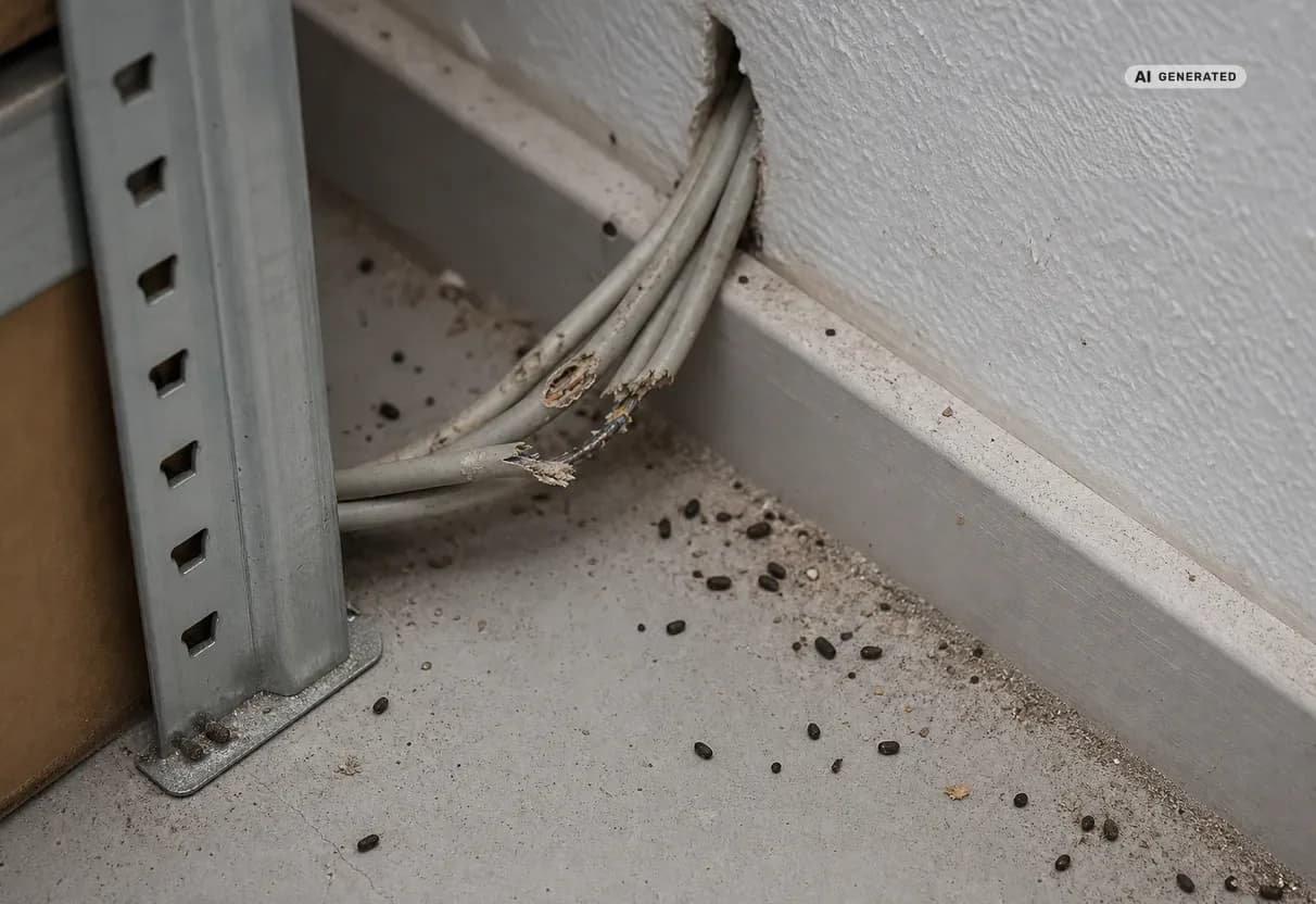 KI-generiertes Bild: Angenagte Kabelisolierung und Rattenkot hinter einem Lagerregal