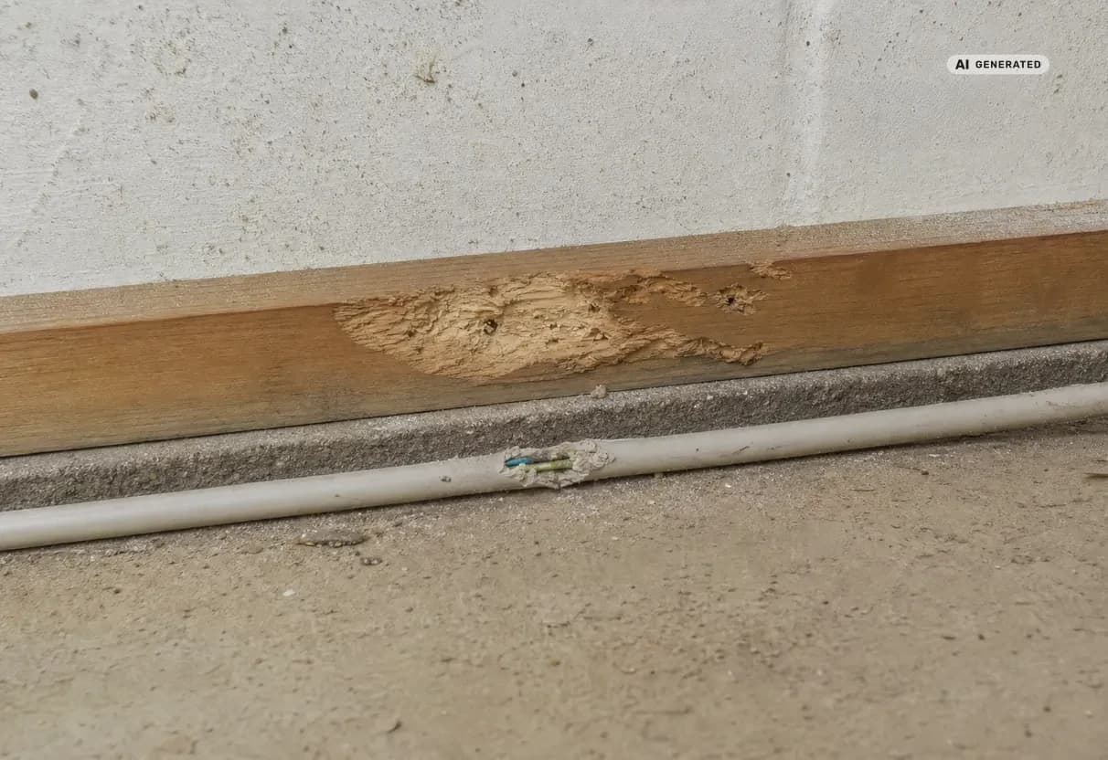 KI-generiertes Bild: Angenagtes Kabel und Nagespuren an einer Holzleiste im Keller