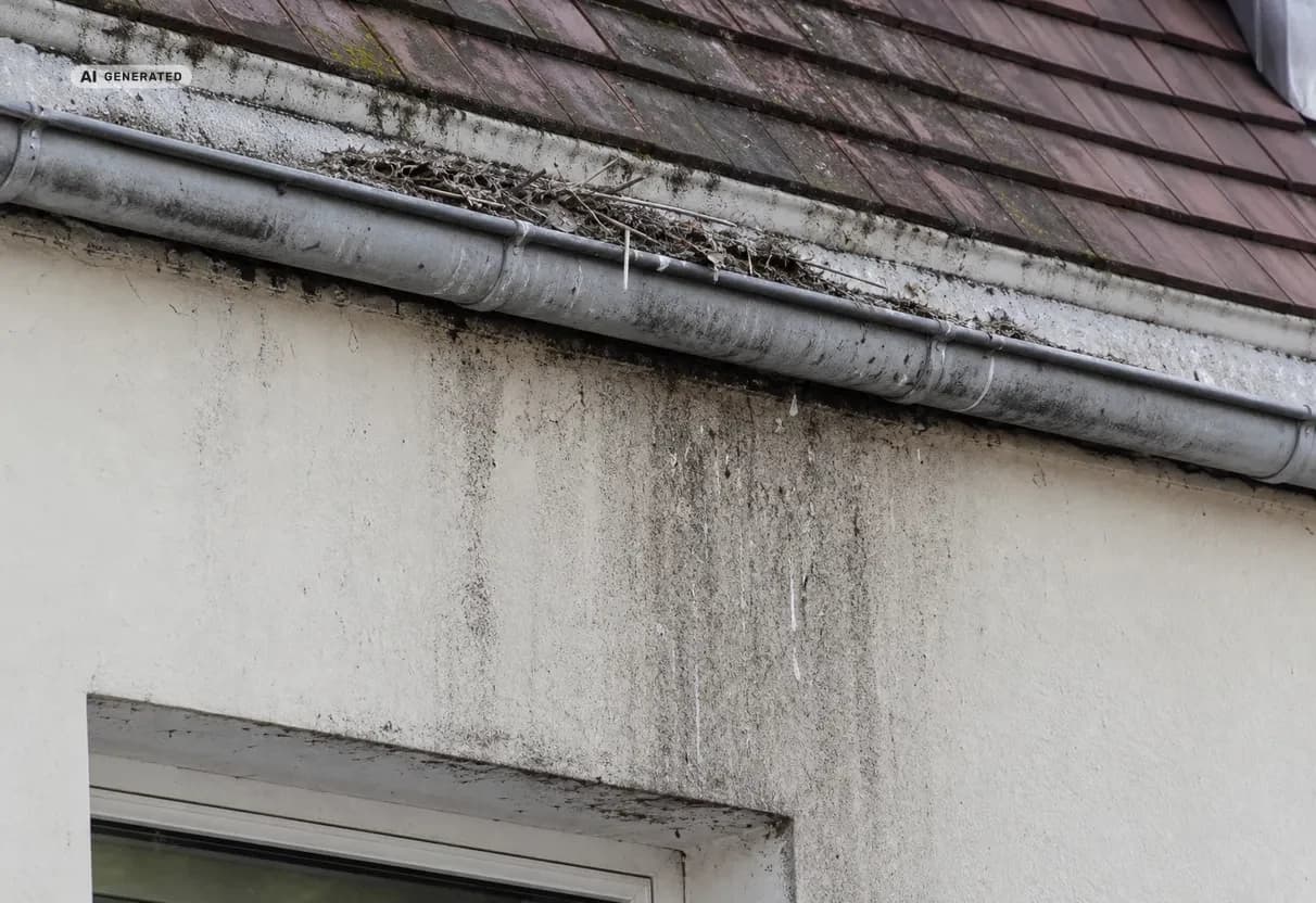 KI-generiertes Bild: Verschmutzte Regenrinne mit Kotspuren an der Fassade