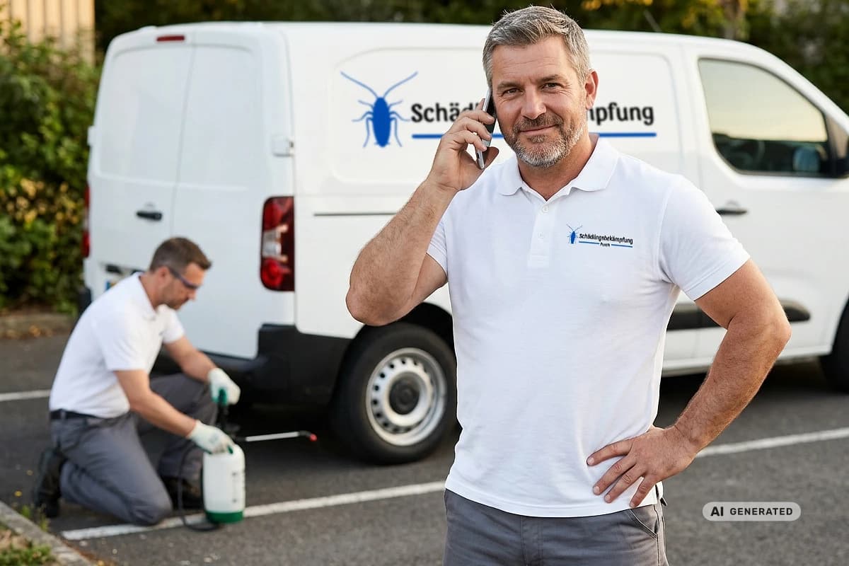 KI-generiertes Bild: Kammerjäger von Schädlingsbekämpfung Pusch telefoniert vor dem Einsatzfahrzeug